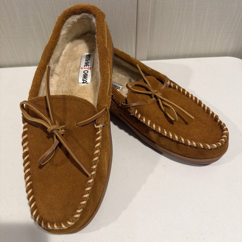 Minnetonka Men's 12 W Suede Pile Lined Hardsole Slipper Moccasins Leather 3902W
